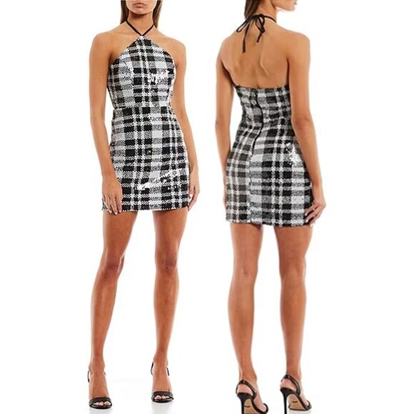Dear Moon Plaid Sequin Tie Halter Mini Dress Retro Y2K HOCO Juniors 1 XS NWT - Picture 2 of 13